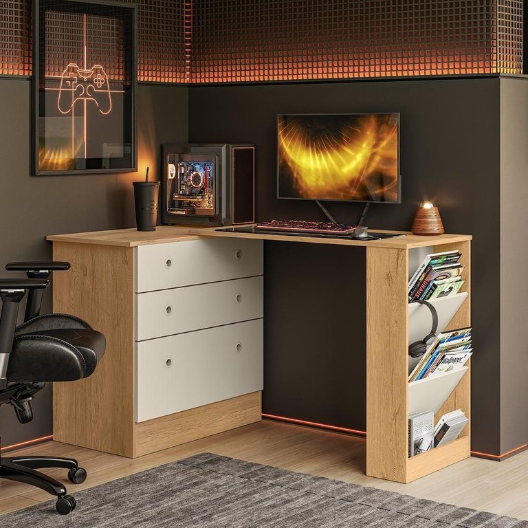 Cômoda com Mesa Giratoria Gamer Freijó/off White - Qmovi