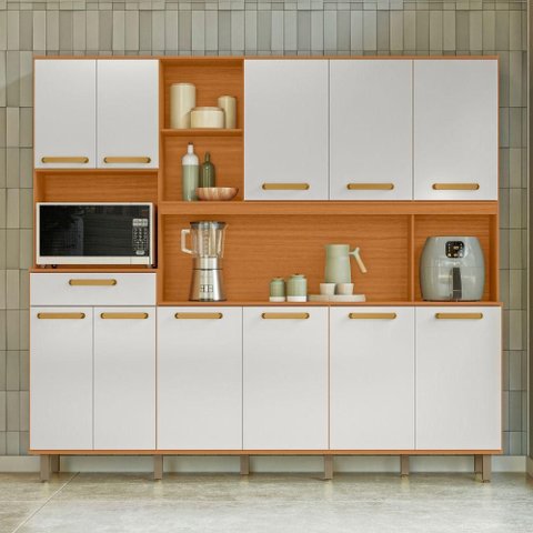 Kit Armário Cozinha Pilar 11 Portas Freijó Off White Poliman