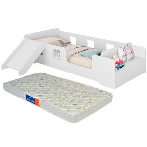Cama Infantil Montessoriana com Escorregador e Grade Proteção com Colchão Manu Branco