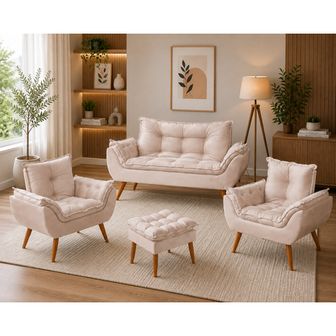 Kit 02 Poltronas + Namoradeira + Puff Opala Balaqui Decor Cor:bege