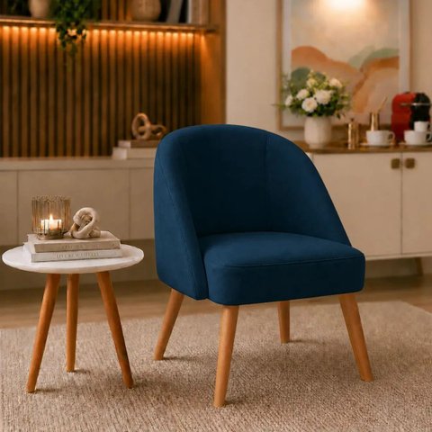 Cadeira Poltrona Lua Suede Azul Marinho Pés Palito p/ Sala, Quarto, Escritório, Recepção e Clínica