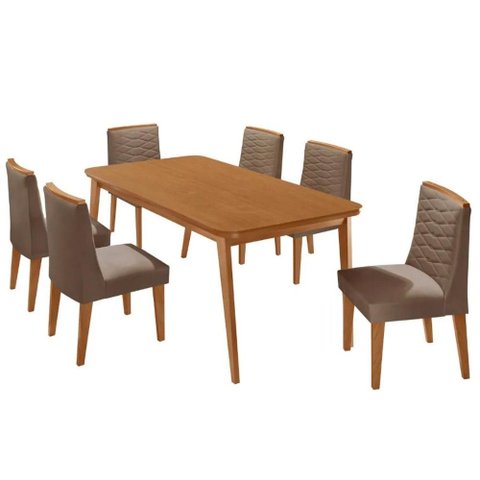 Sala Jantar Mesa Havana Tampo Curvo 180cm+6 Cadeiras Maldivas Madeira Naturale - Capuccino/Linho
