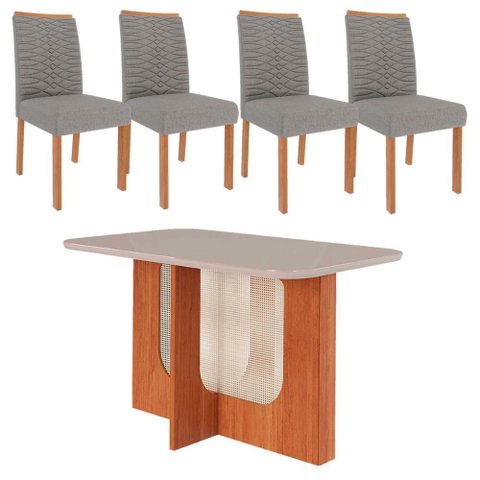 Conjunto de Mesa de Jantar Tampo de Vidro Off White Louise 1,30 e 4 Cadeiras Clarice Cinamomo/
