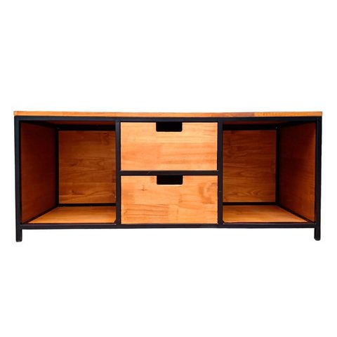 Rack Modelo Industrial C/ Duas Gavetas e Dois Nichos - Metalon em Preto Eletrostático e Madeira Pinu