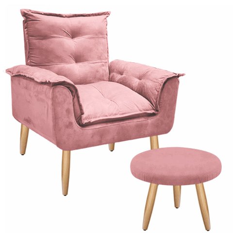 Poltrona Opala Cadeira Decorativa + Puff Banqueta Redondo: Rosê