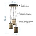 Ver imagem 2 de Luminária Lustre Pendente Barril Triplo de Madeira Maciça Colonial Retrô - Rústico + Lâmpadas