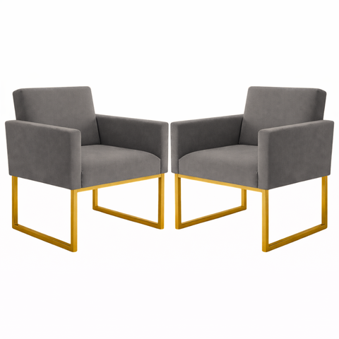 Kit 2 Poltronas Reforçada Recepção Base Metálico Dourado Cinza