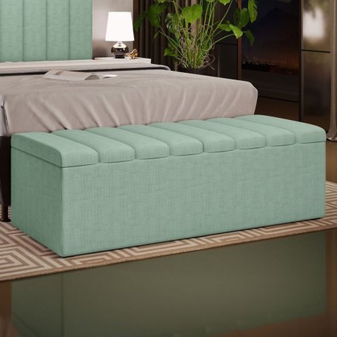 Calçadeira Recamier Baú para Cama de Casal King Dália 195x50 cm W01 Linho Verde Menta - Lyam Decor
