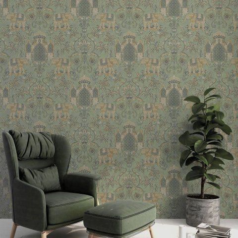 Papel de Parede Elefantes Indianos Verde e Dourado+ Cola Inclusa