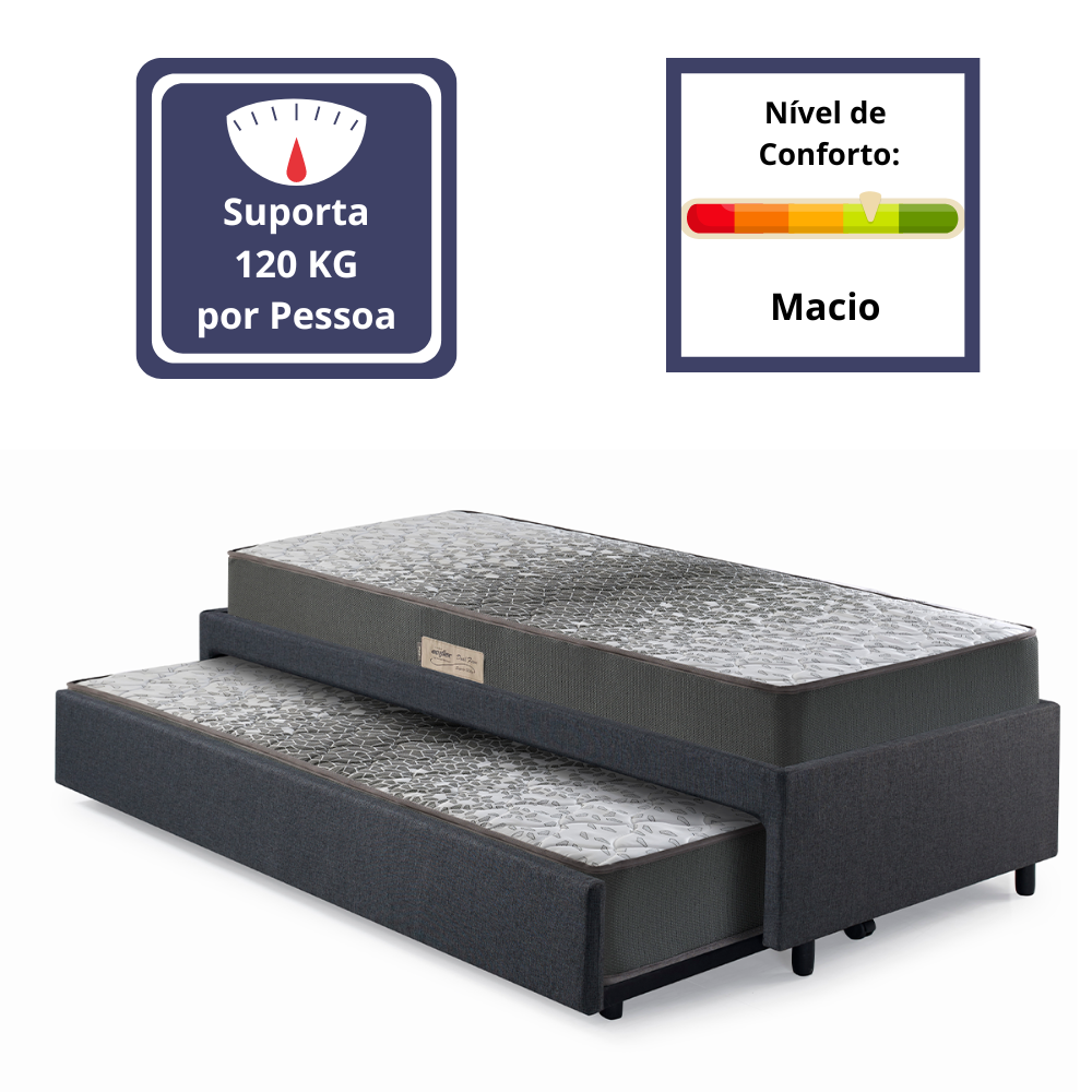 Bicama Box Solteiro Tecido Linho Cinza 88x188 com Dois Colchões Espuma Firme Ecoflex - 4