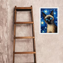 Quadro Gato Siamês Noite Estrelada 45x34cm - com Vidro:moldura Preta - 2 Quadro Gato Siamês Noite Estrelada 45x34cm - com Vidro:moldura Preta - 2