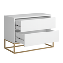 Ver imagem 2 de Mesa de Cabeceira 2 Gavetas Lateral Cama de Casal Eros 60cm Pés de Ferro Industrial Dourado