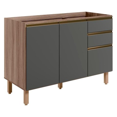 Balcao para Pia 2p 3g 120cm Mdf Kali 16417 Carvalho Toq Chumbo Nicioli Carvalho Toq Chumbo