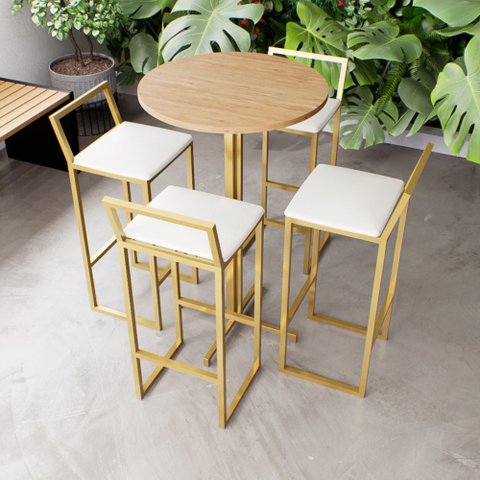 Jogo Mesa Alta Bistrô Redonda Pinus 4 Banquetas Estofado Industrial Dourado Don Castro Decor Industr