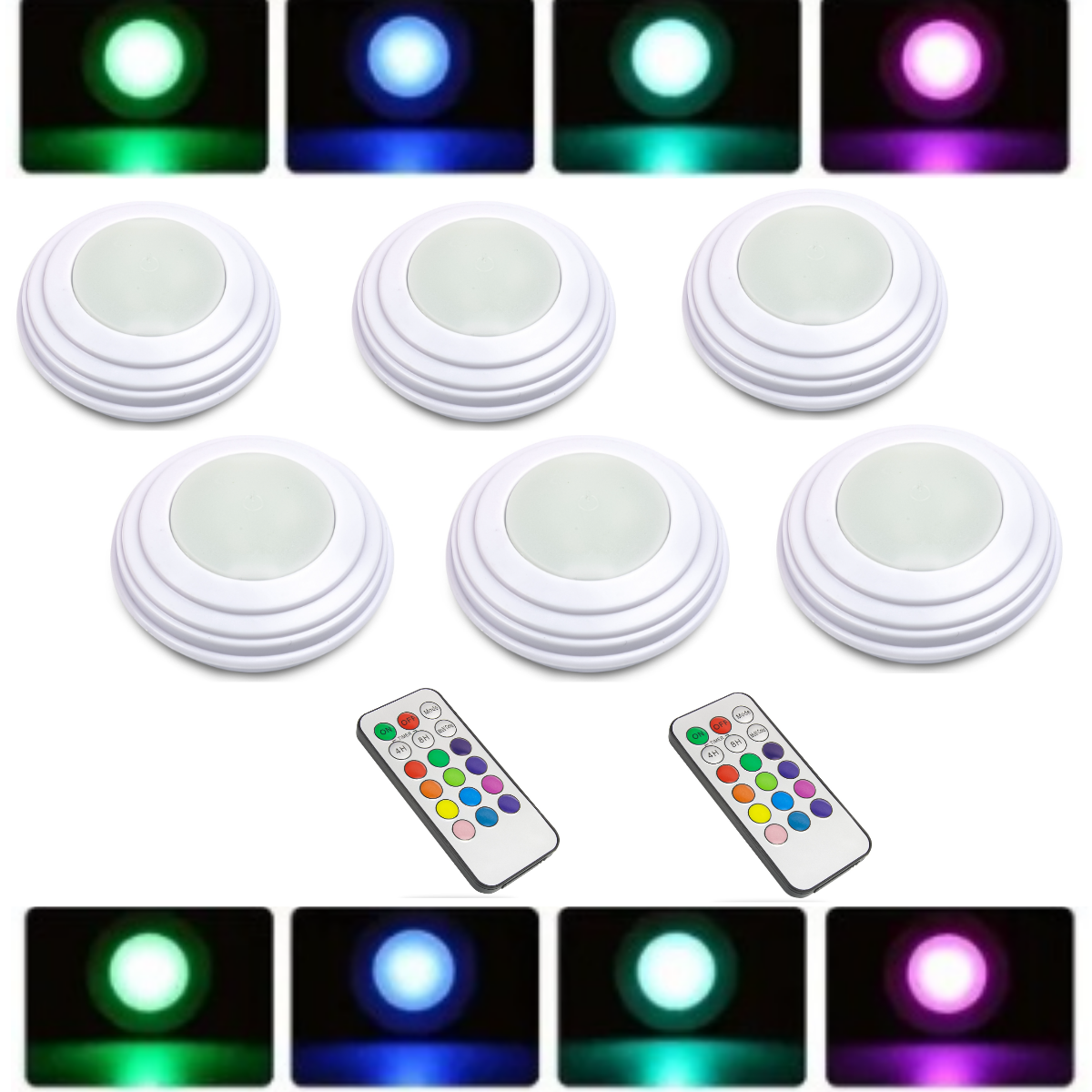 Kit 6 Luminárias Lâmpadas Spots Led Redondas Adesivas A Pilhas RGB Coloridas Sem Fio Com Controle Re