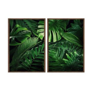 Kit 02 Quadros Decorativos - Folhas Tropicais Verde Intenso Flnt047 - Vidro - 60x80cm