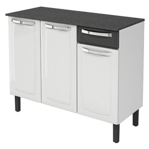 Balcão de Cozinha Itatiaia Rose Aço Com Tampo 3 Portas 1 Gaveta Branco/Preto