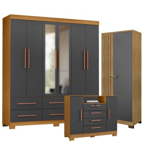 Guarda Roupa Casal New Kansas com Espelho com Cômoda Madri e Armário Multiuso Versatile Carvalho