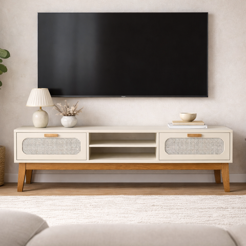 Rack Santorini 180cm Pés Madeira Maciça com Gavetas e Nicho:off White