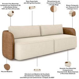 Sofá 3 Lugares Sala Living Orgânico 220cm Oregon K01 Couríssimo Whisky Veludo Bege - Lyam Decor - 4 Sofá 3 Lugares Sala Living Orgânico 220cm Oregon K01 Couríssimo Whisky Veludo Bege - Lyam Decor - 4