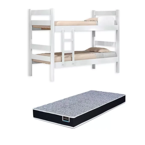 Kit Beliche de Solteiro Branca com Escada Madeira Reforçada 100% Mdf + 1 Colchão de Espuma D28 Solte