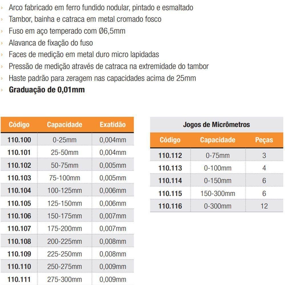 Micrômetro Externo com Arco em Ferro Fundido - Cap. 100mm a 275mm (jogo) - 5