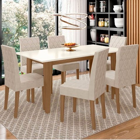 Conjunto Sala de Jantar Mesa com Tampo Chanfrado Liz 6 Cadeiras Estofadas Jade Poliman