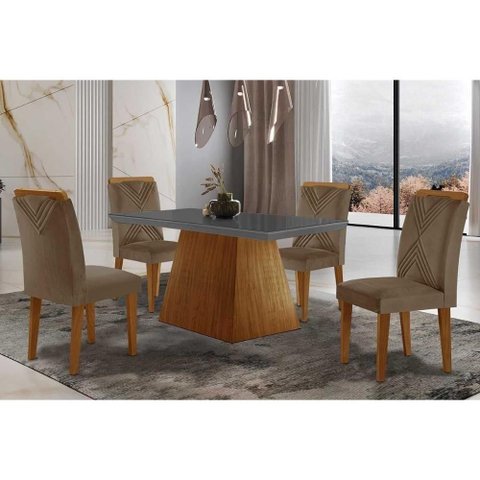 Sala de Jantar Completa Luna Tampo Madeirado C- Vidro Reto 120x80 e 4 Cadeiras Amsterdã Imbuia -