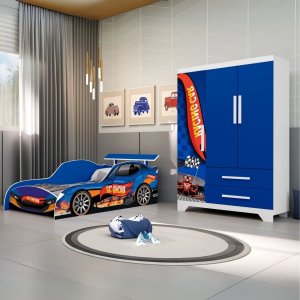 Conjunto Quarto Infantil Meninos Cama e Guarda Roupas Carro:azul