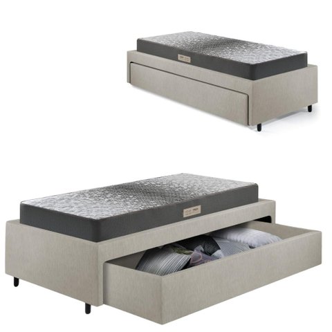 Base Box Cama Solteiro Sapateira Courino Linho Areia e Colchão Dual Firm Ecoflex 88x188