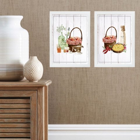 Kit 2 Quadros Cozinha Provençais Rústicos 33x24cm - com Vidro:madeira Preta
