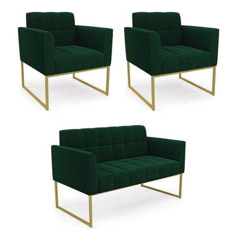 Namoradeira e 2 Poltronas Industrial Dourado Elisa Bouclê Verde D03 - D'Rossi