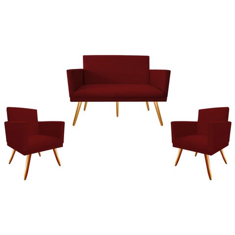 Kit Namoradeira + 2 Poltronas Decorativa Nina Suede Marsala Pés Madeira Mz Decor
