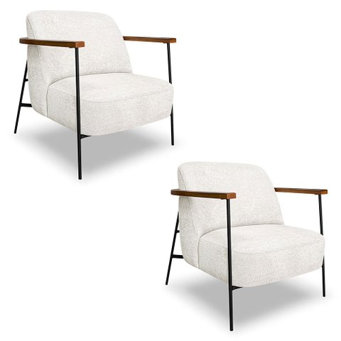 Kit 2 Poltronas Decorativa Celeste Linho Bouclê Base de Ferro Preto - Pallazio Bege Pérola