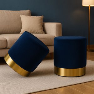 KIT PUFF COM RODAPÉ DOURADO  AZUL VELUDO