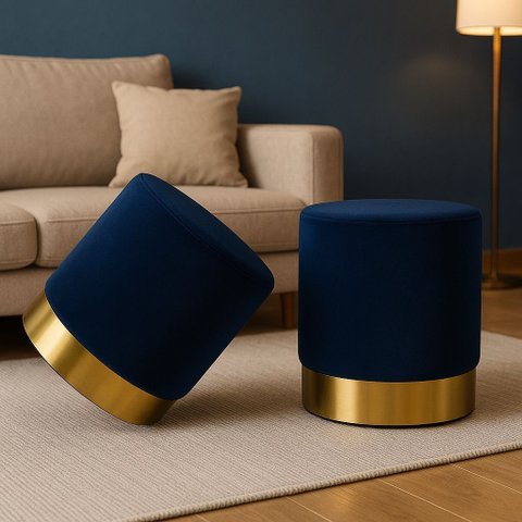 KIT PUFF COM RODAPÉ DOURADO  AZUL VELUDO