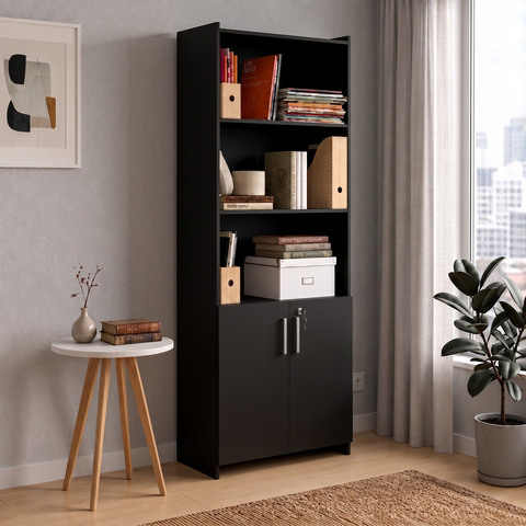 Armário para Escritório Semi-Aberto 2 Portas com Chave 70cm Preto