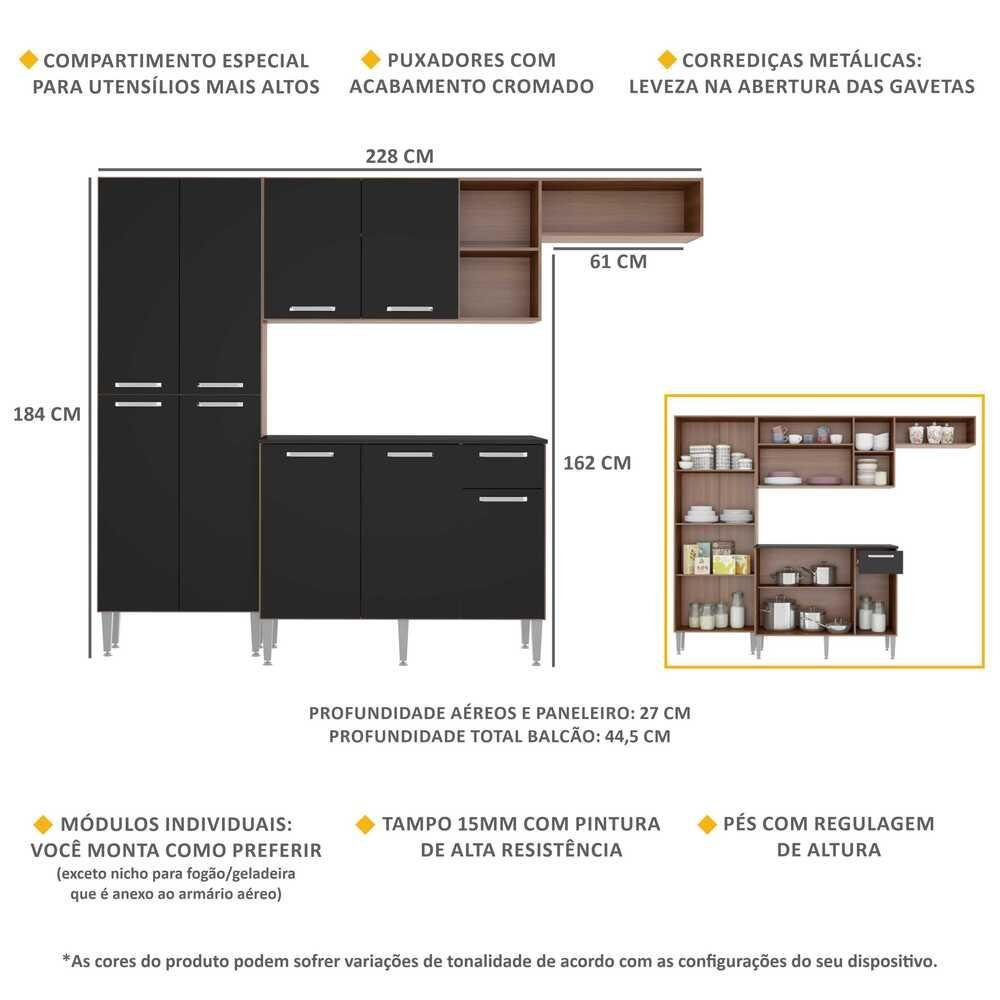 Cozinha Compacta Multimóveis Pequim FG2933 com Armário e Balcão Carvalho Avelã/Preta - 3