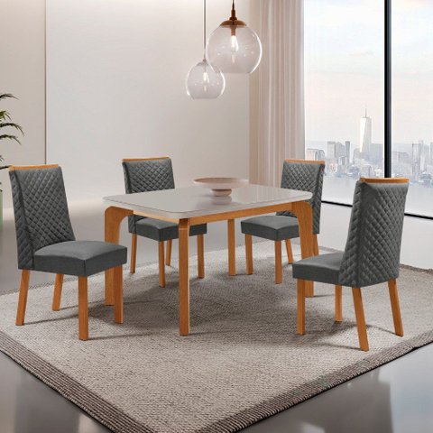 Mesa de Jantar Liz 120cm Tampo MDF Vidro Canto Copo com 4 Cadeiras Yasmin