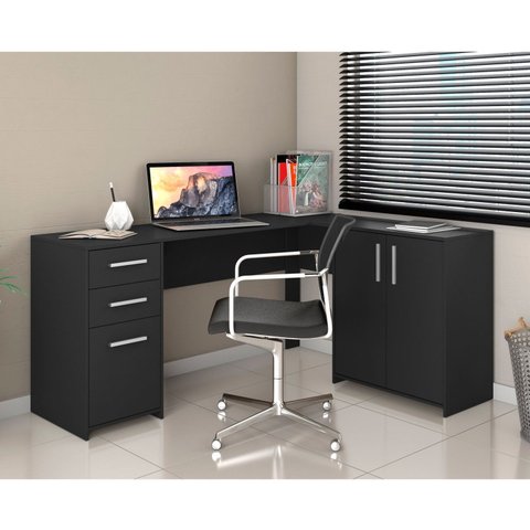 Escrivaninha Mesa Escritório em L Office Nt 2005 2 Gavetas 3 Portas 157cm Preto Tx