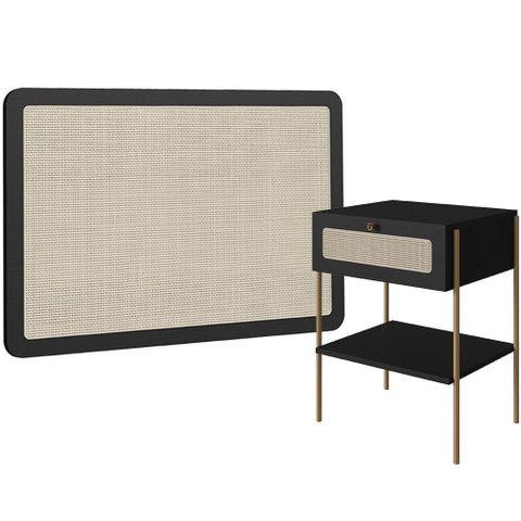 Cabeceira Solteiro 90cm e 1 Mesa Lateral 1 Gaveta Industrial Indy A03 Nero