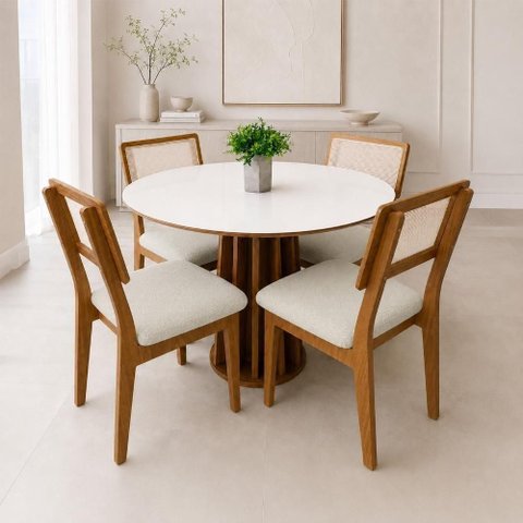 Conjunto Mesa de Jantar Kit Mesa + Cadeiras 4 Lugares Tampo MDF Freijó Bege Rústico 115cm Dalla