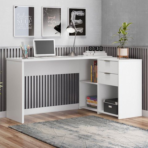 Escrivaninha Mesa Escritório em L Office Nt 2060 2 Gavetas 3 Nichos 148,6cm Branco New