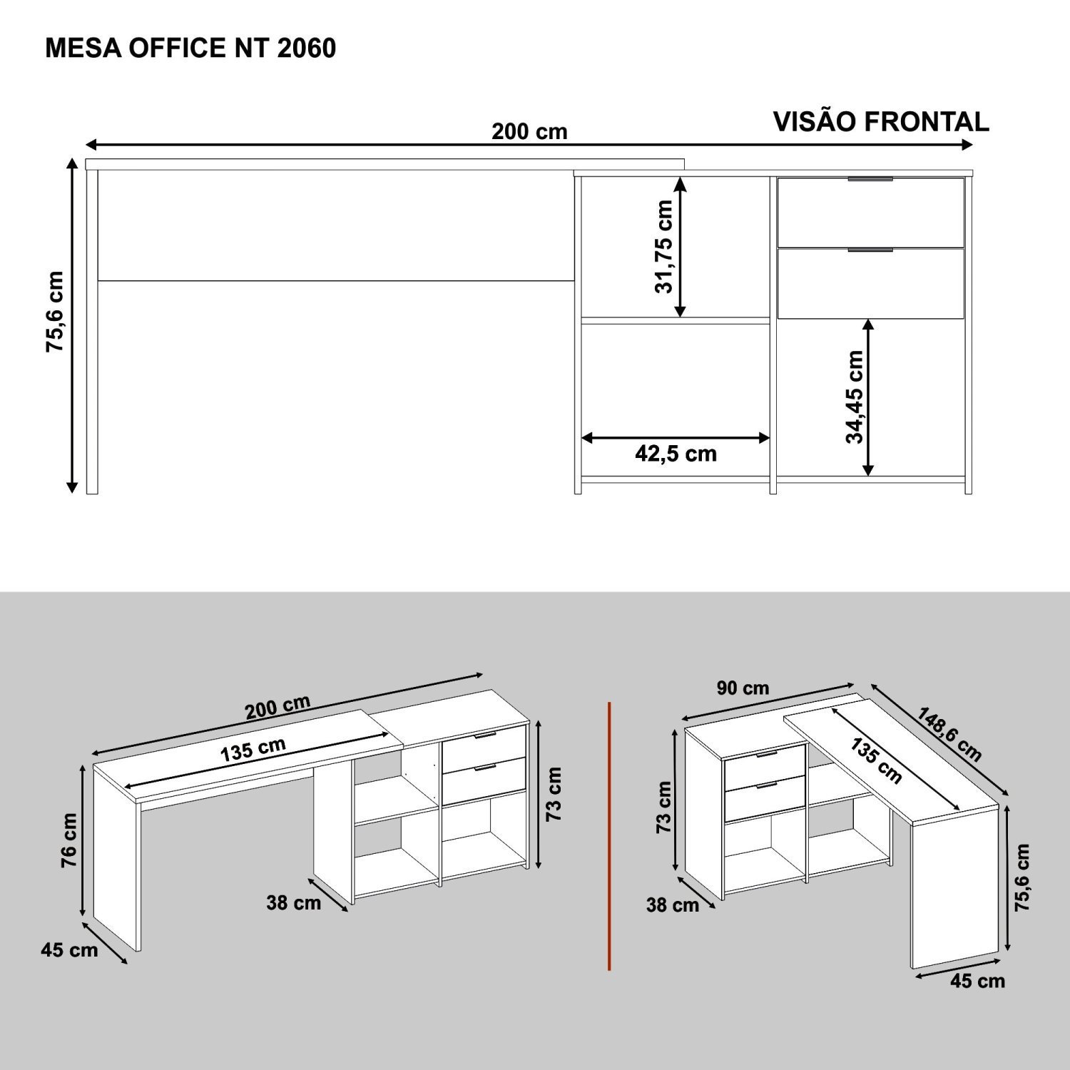 Mesa de Escritório em L 2 Gavetas 3 Nichos Office NT 2060 Notável Móveis - 4
