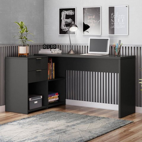 Escrivaninha Mesa Escritório em L Office Nt 2060 2 Gavetas 3 Nichos 148,6cm Preto Tx