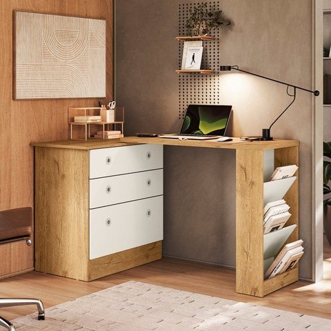 Escrivaninha Mesa Escritório em L Retrátil com Cômoda Módulos e Complementos 3 Gavetas 91,3cm Freijo