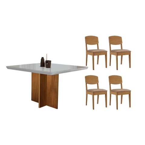 Conjunto: Mesa de Cozinha Berlim Curvo 90cm + 4 Cadeiras Havana Naturale/Off White - Linho Capuccino
