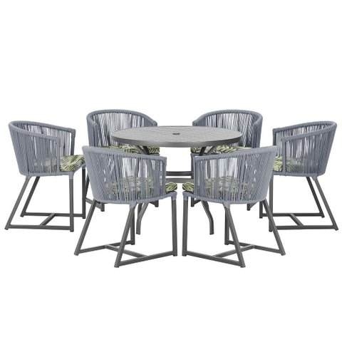 Mesa com 6 Cadeiras de Jantar Roma 120cm e Noronha em Alumínio Preto Corda Náutica Estofado 5 Trama