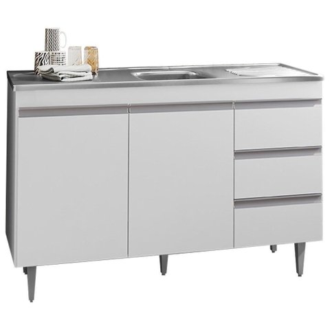 Balcão Com Pia Inox 120Cm 2 Portas 3 Gavetas Andréia Branco
