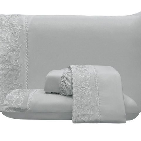 Jogo de Cama Lençol Queen Top Line 4 Peças - Cinza - 100% Poliéster
